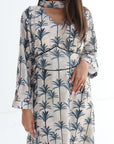 Elegant neckline detail on Palm Silhouette Embellished Linen Blend Dress
