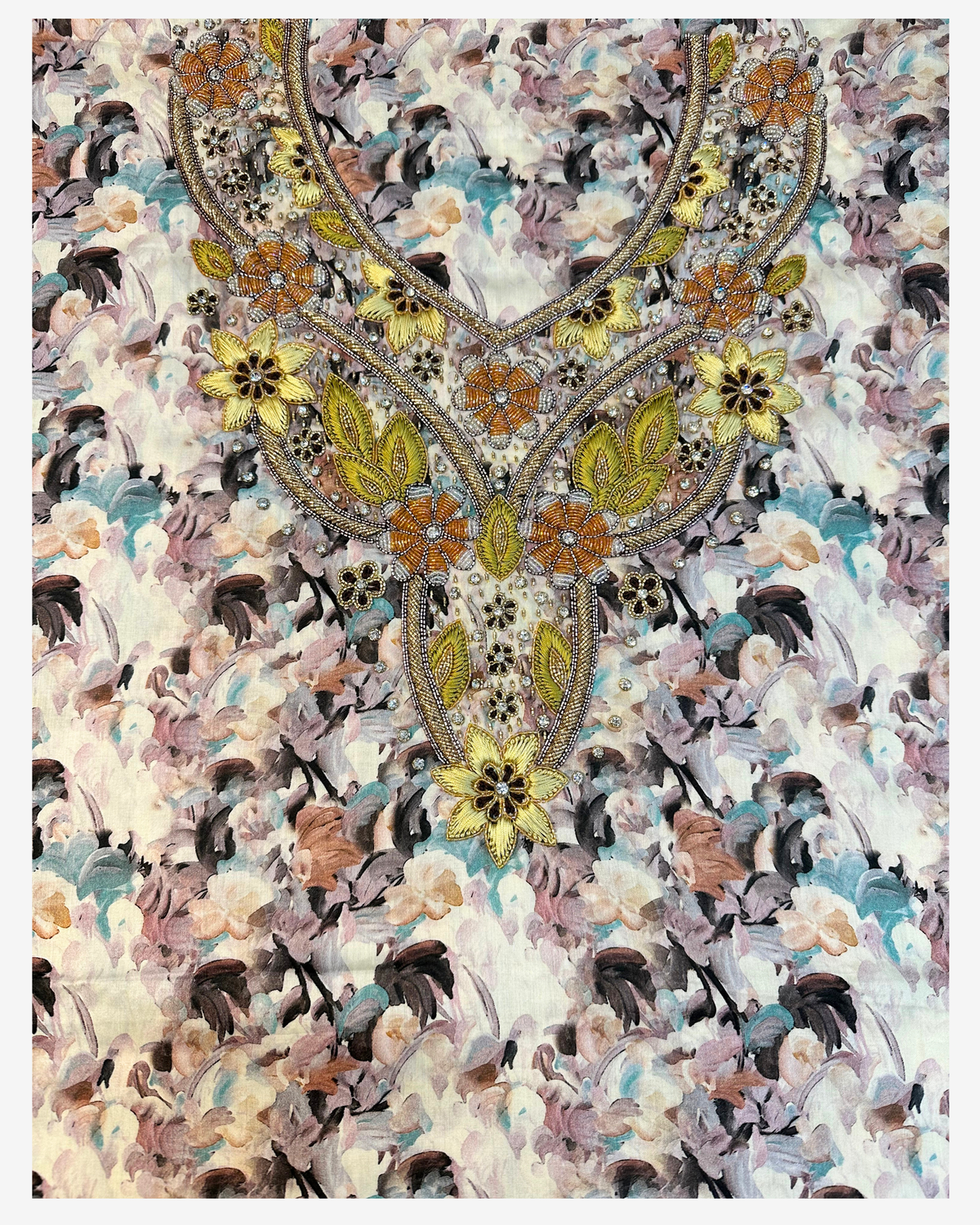 Full front design of the Pastel Garden floral cotton satin mukhawar with gold hand-beaded flowers and leaves.
