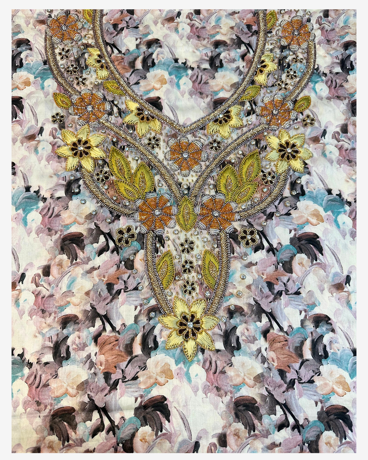 Close-up of the hand-beaded floral neckline on the Pastel Garden digital cotton satin mukhawar.