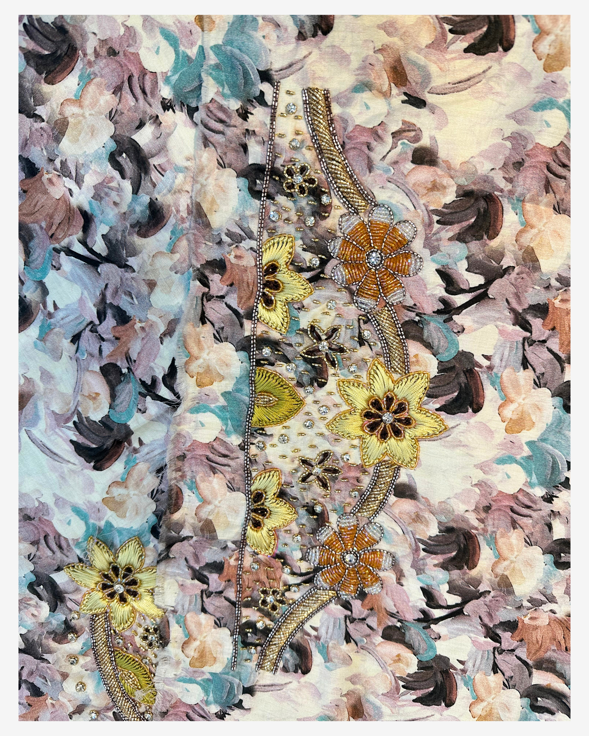 Coordinating hand design with gold floral beadwork on the Pastel Garden floral cotton satin mukhawar.