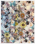 Coordinating hand design with gold floral beadwork on the Pastel Garden floral cotton satin mukhawar.