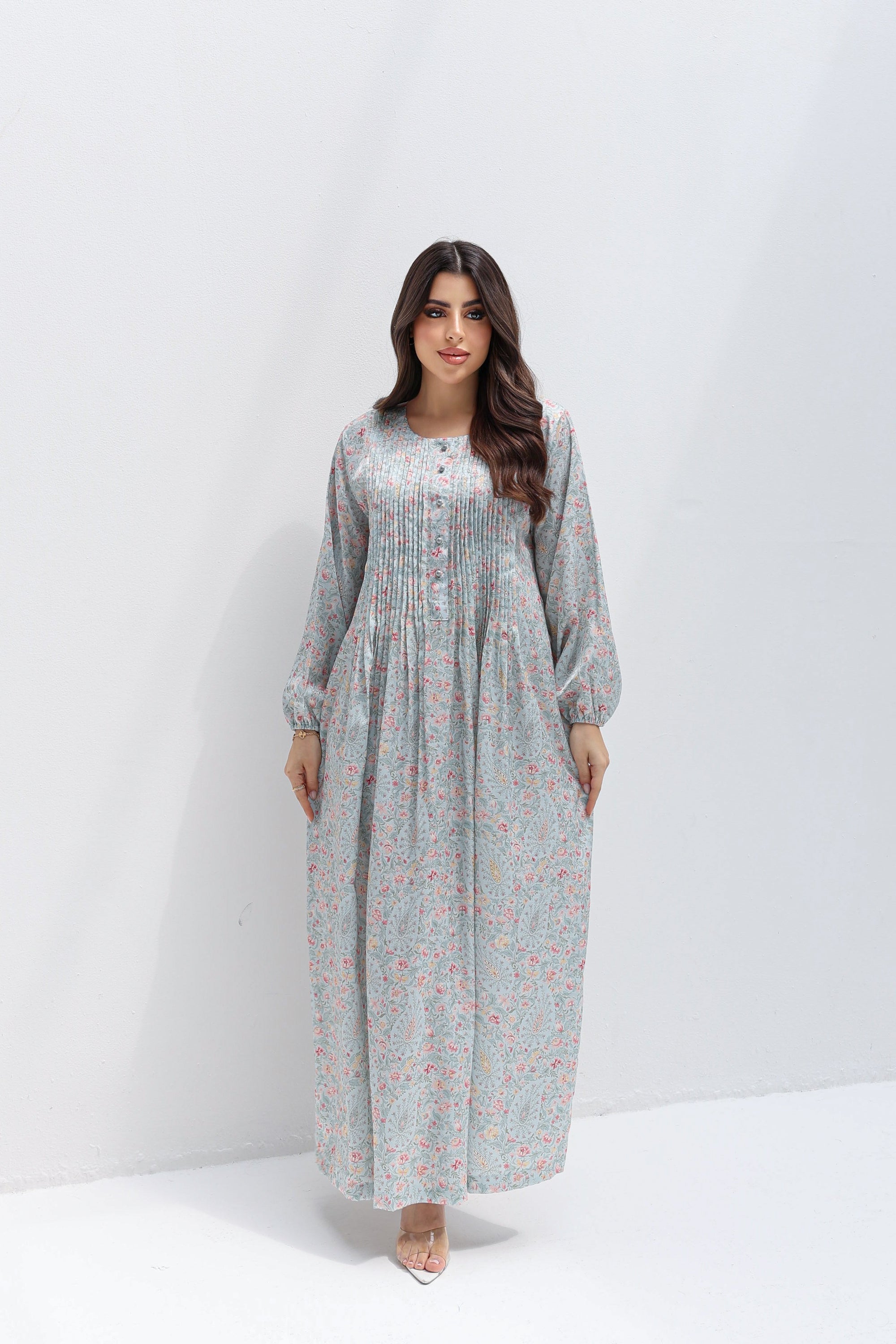 Pastel Meadow Jacquard Silk Jalabiya full length front view
