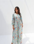 Pastel Watercolor Bloom Silk Jalabiya full length front view