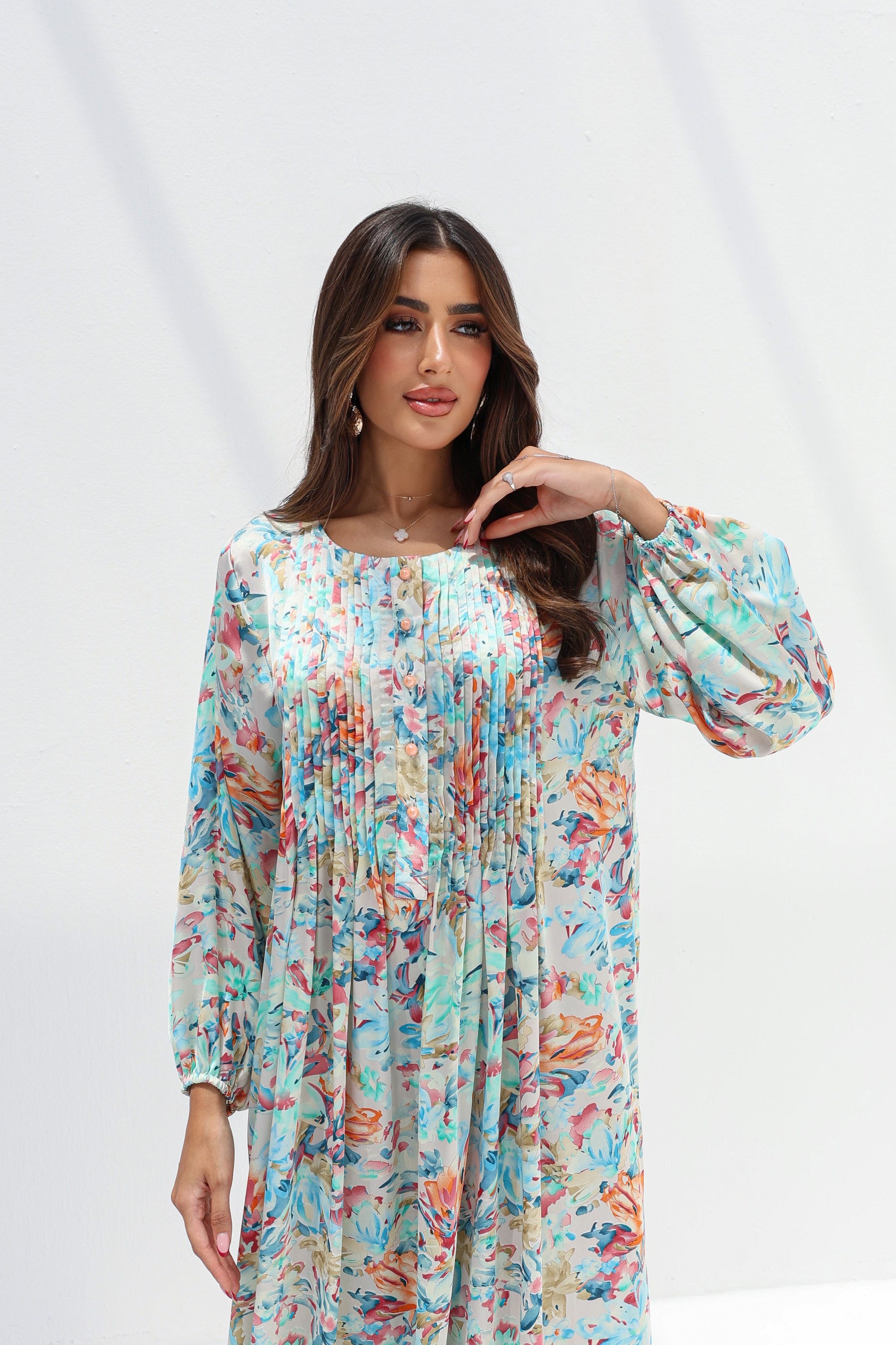 Pastel Watercolor Bloom Silk Jalabiya pleated bodice detail
