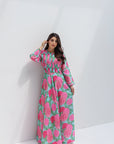 Pink Chrysanthemum Bloom Linen Blend Dress Full Length Front View