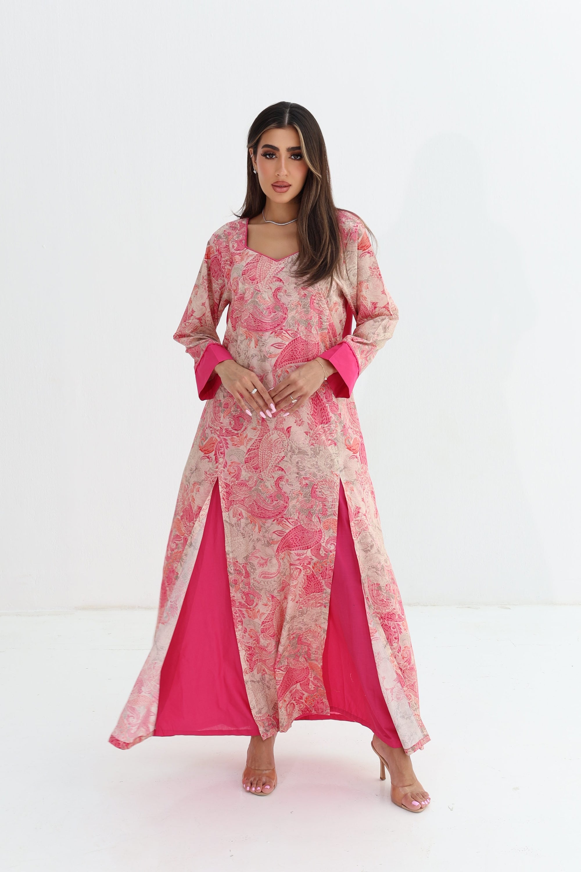 Pink Paisley Print Cotton Jalabiya - Front Panel Detail