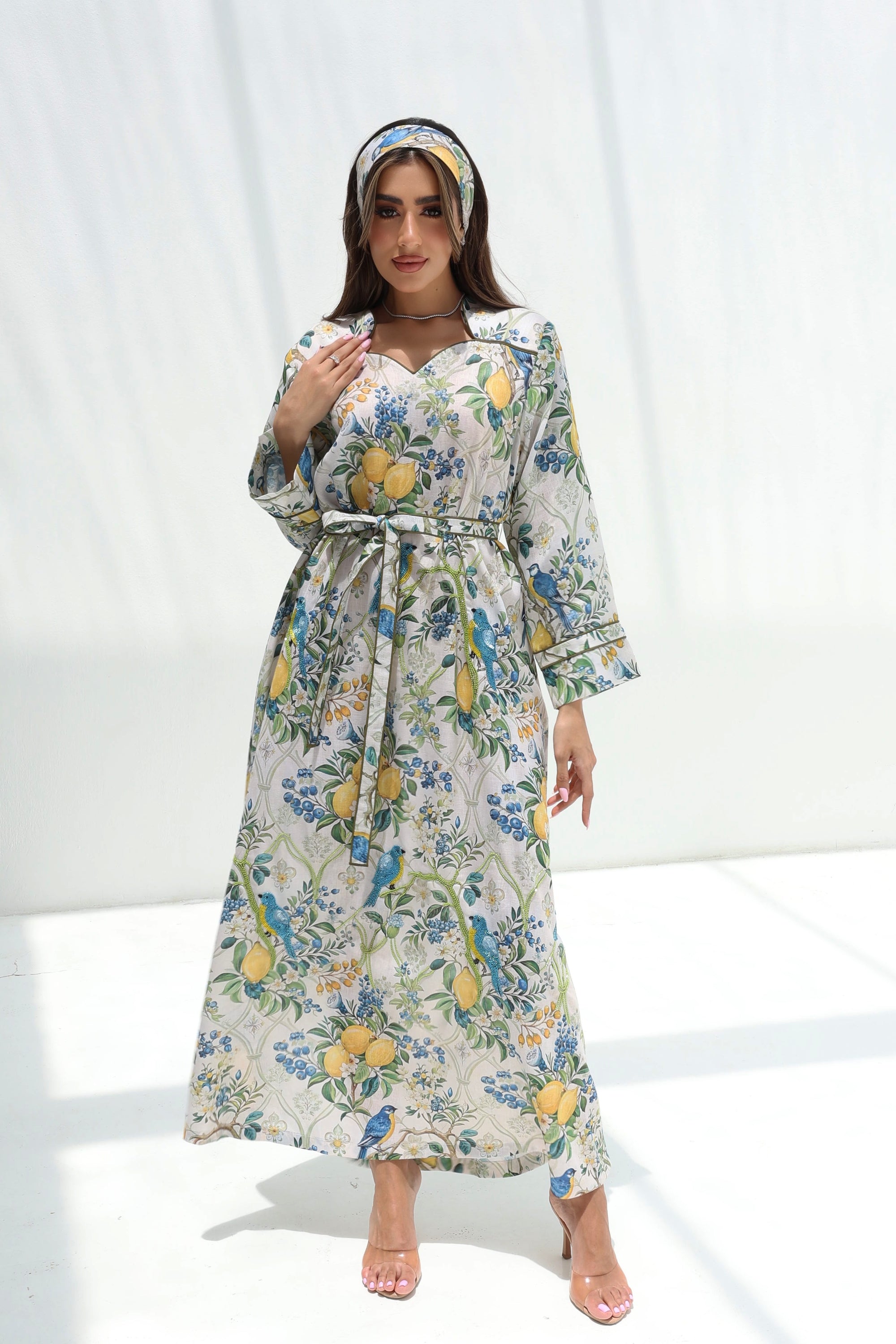 Full-length Orchard Aviary Linen Blend Dress featuring lemon, bluebird and floral print