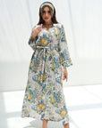 Full-length Orchard Aviary Linen Blend Dress featuring lemon, bluebird and floral print