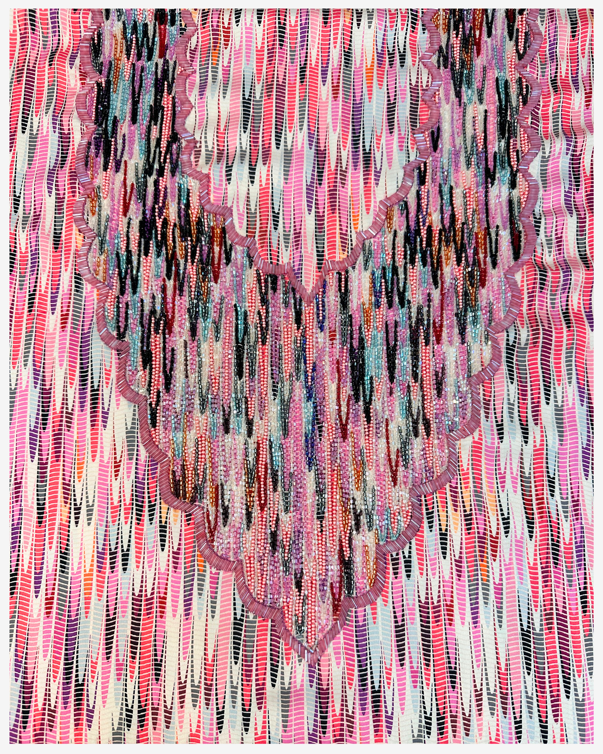 Rose Prism jacquard silk unstitched fabric with multicolour hand beaded scalloped neckline