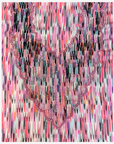 Close-up of Rose Prism jacquard silk fabric with pink black aqua and silver hand beadwork