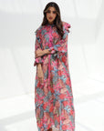 Ruffle Shoulder Silk Maxi Dress Rose Botanical print full-length front view