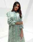 Ruffle Shoulder Silk Maxi Dress ruffle shoulder and tie neckline detail