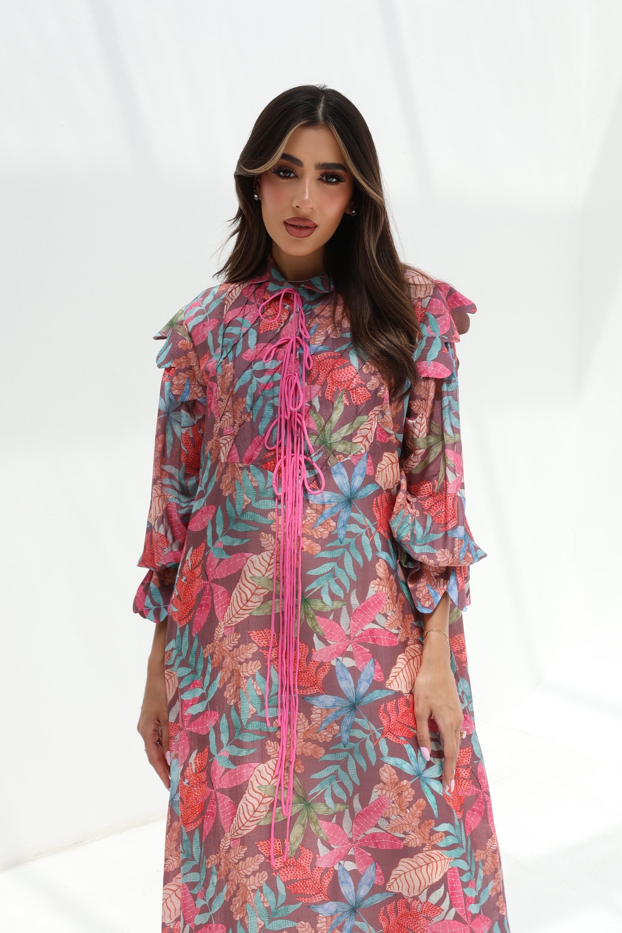 Ruffle Shoulder Silk Maxi Dress ruffle shoulder and tie neckline detail