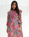 Ruffle Shoulder Silk Maxi Dress ruffle shoulder and tie neckline detail