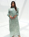 Ruffle Shoulder Silk Maxi Dress Sage Palm print full-length front view