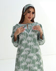 Sage Palm Embellished Linen Blend Jalabiya close up detail