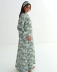 Sage Palm Embellished Linen Blend Jalabiya palm print design