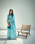 Scatter Palm Print Linen Blend Jalabiya in Blue with Mandarin Collar