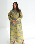 Scatter Palm Print Linen Blend Jalabiya in Yellow with Mandarin Collar