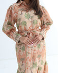 Scenic Palm Border Linen Blend Dress hand embellished pocket detail