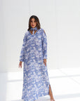 Blue Scenic Palm Toile Linen Blend Jalabiya full length front view