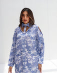 Blue Scenic Palm Toile Linen Blend Jalabiya scarf neck detail