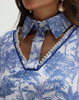 Blue Scenic Palm Toile Linen Blend Jalabiya scarf neck detail