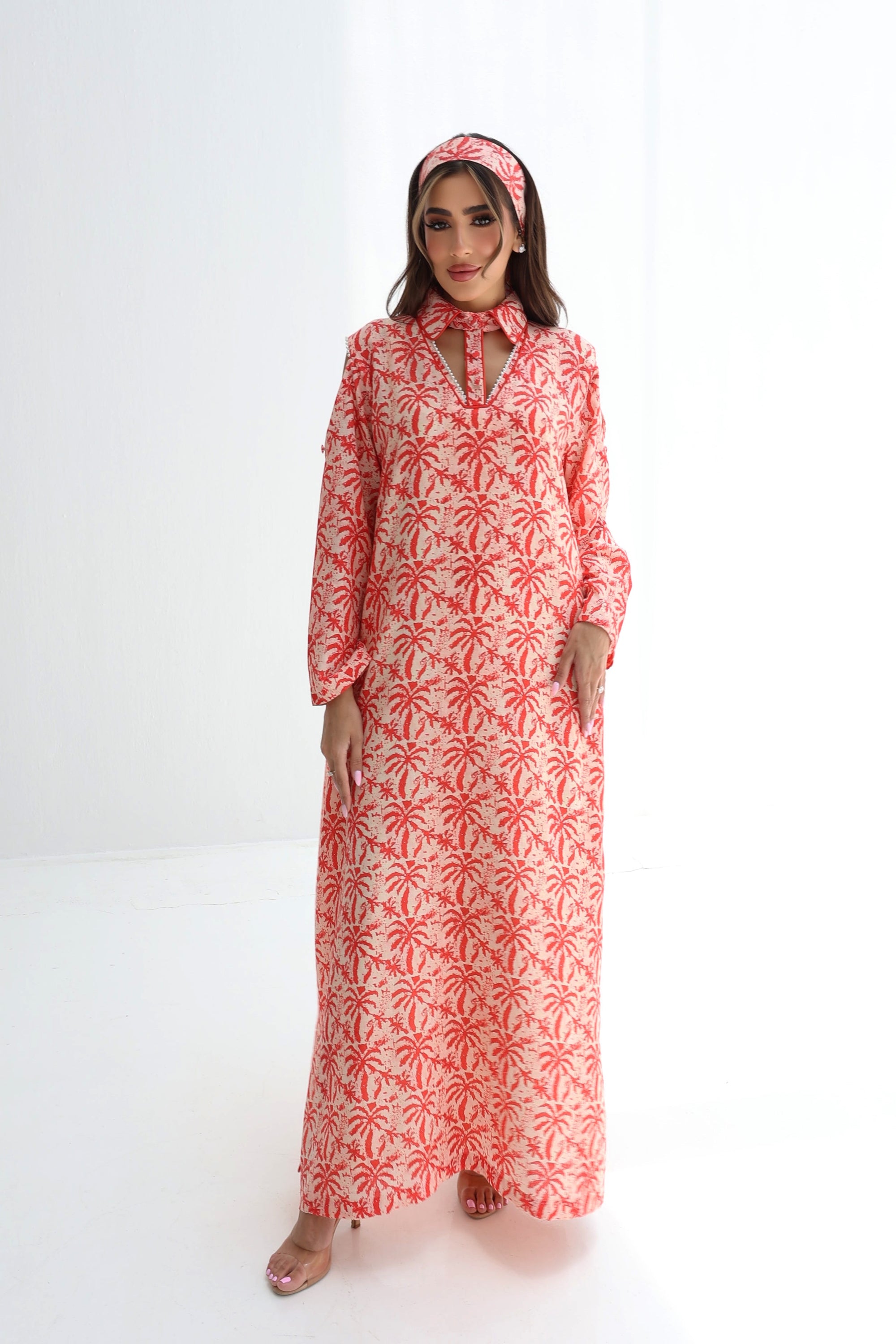 Coral Scenic Palm Toile Linen Blend Jalabiya full length front view