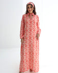 Coral Scenic Palm Toile Linen Blend Jalabiya full length front view