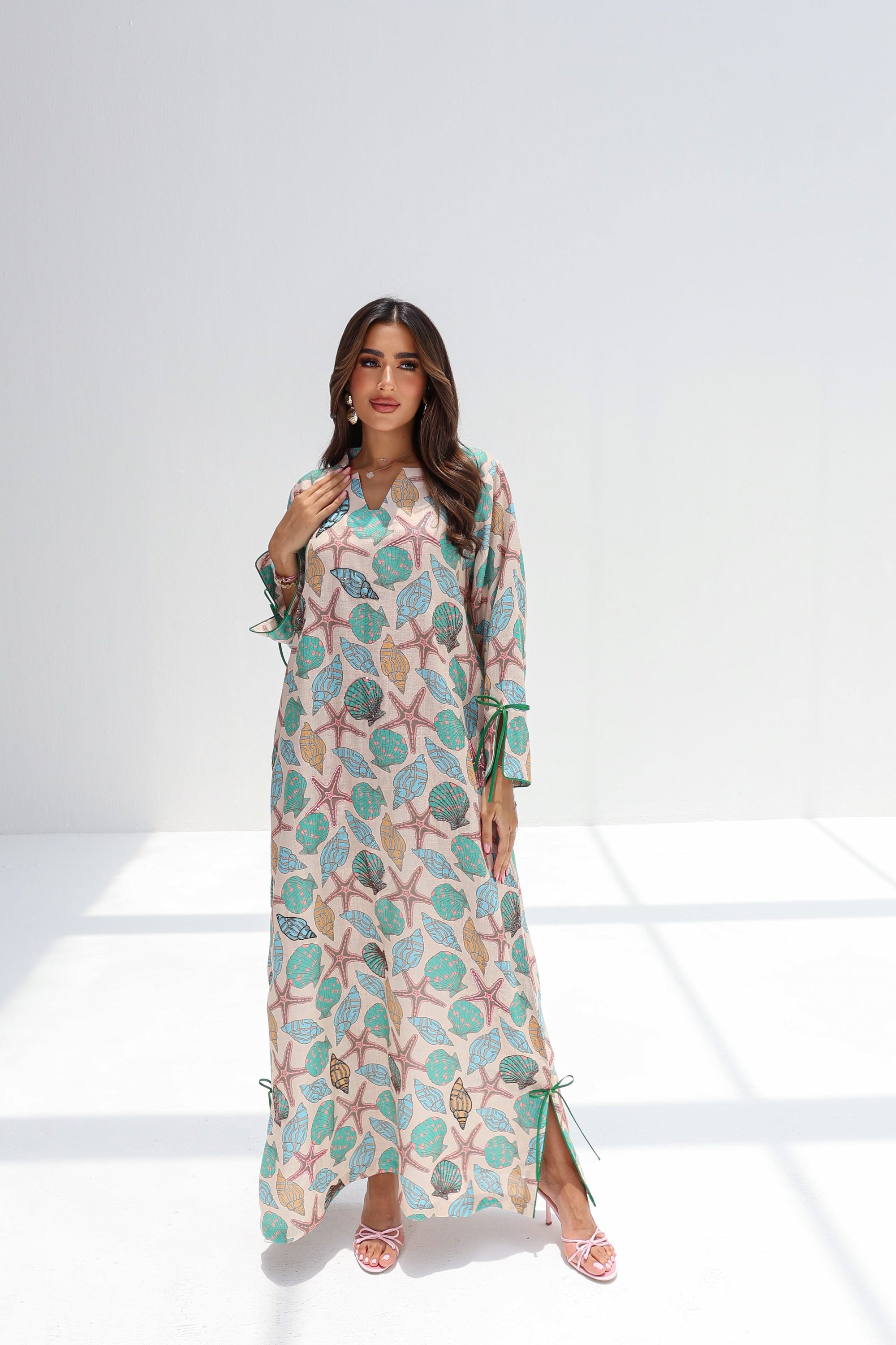 Seaside Shell Treasures Linen Blend Jalabiya full length front view