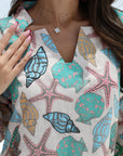 Seashell and starfish print detail on Seaside Shell Treasures Linen Blend Jalabiya