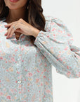 Soft Meadow Floral Jacquard Silk Jalabiya button front detail