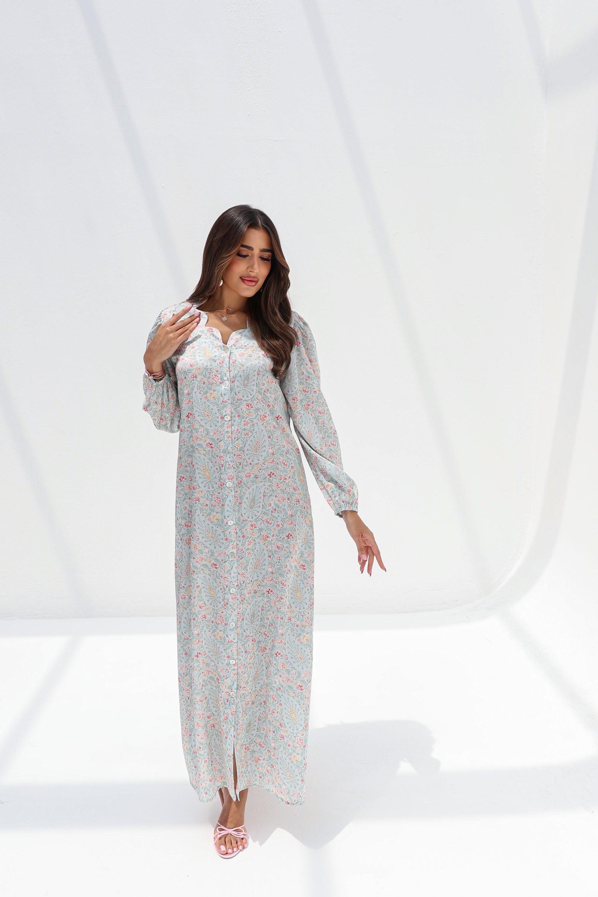 Soft Meadow Floral Jacquard Silk Jalabiya full length front view