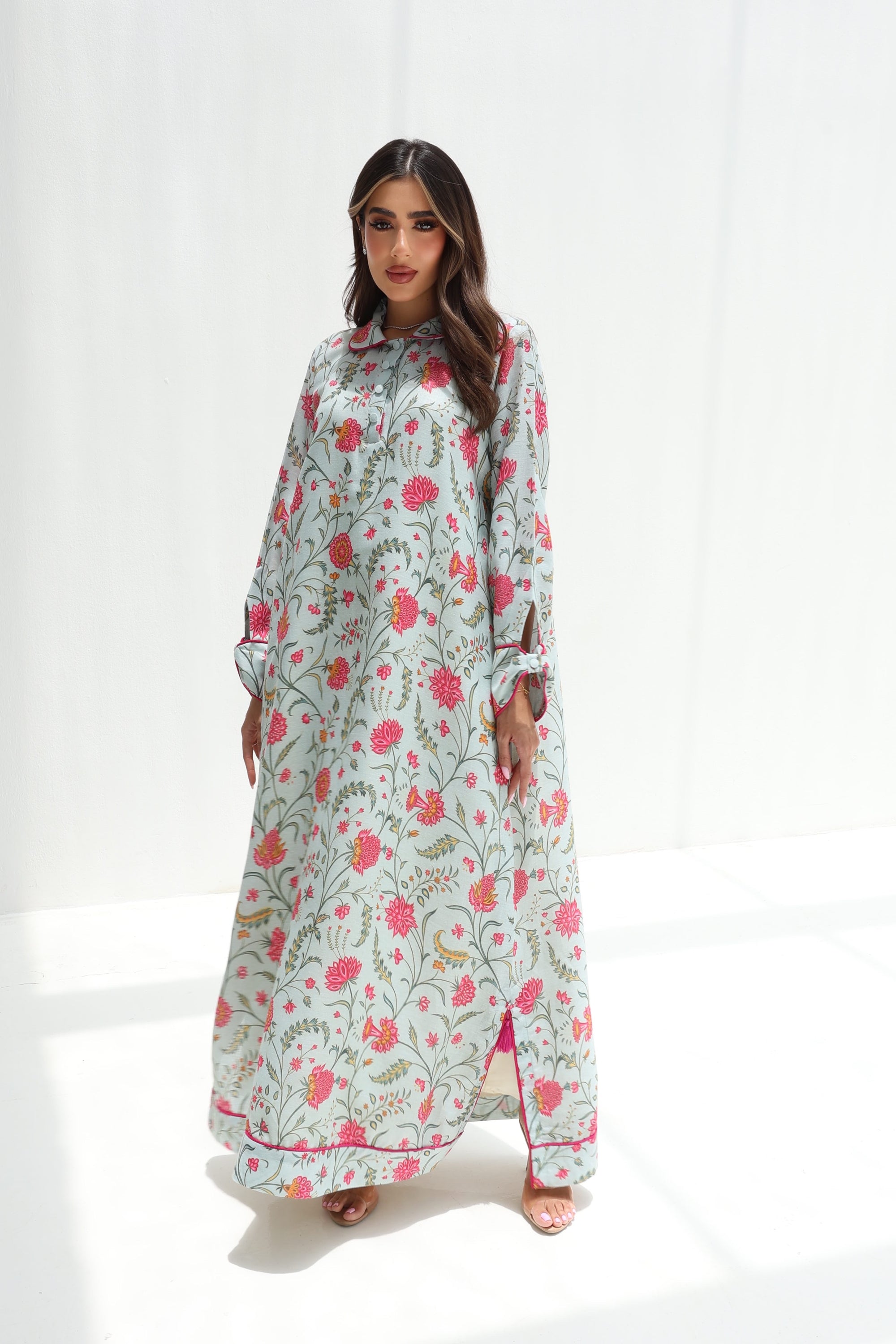 Spring Blossom Linen Blend Jalabiya full-length front view
