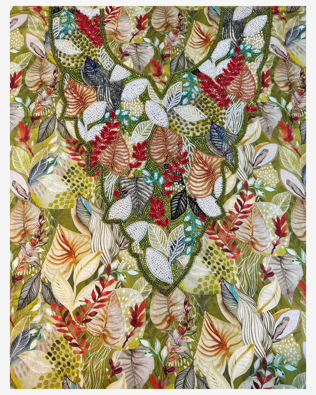 Complete front design of the Tropical Canopy olive-green cotton mukhawar fabric with colorful hand-beaded leaves.