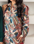 Tropical print fabric detail featuring botanical and palm-inspired artwork.