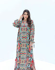 Tropical Leaf Hand Embellished Linen Blend Jalabiya front view