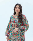 Tropical Leaf Hand Embellished Linen Blend Jalabiya embellished neckline detail