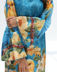 Floral and bird print detail on Tropical Lovebird Garden Linen Blend Jalabiya