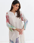 Tropical Palm Border Print Linen Blend Jalabiya - Palm Print Close Up