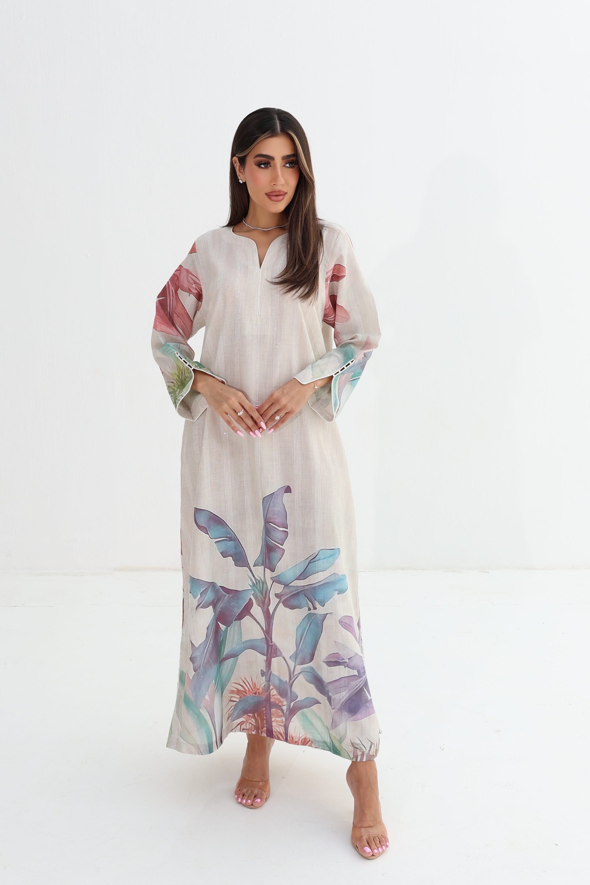 Tropical Palm Border Print Linen Blend Jalabiya - Full Length Jalabiya