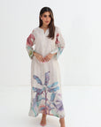 Tropical Palm Border Print Linen Blend Jalabiya - Full Length Jalabiya