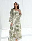 Tropical Palm Garden Linen Blend Dress in Sage Green – Full Length Modest Dress