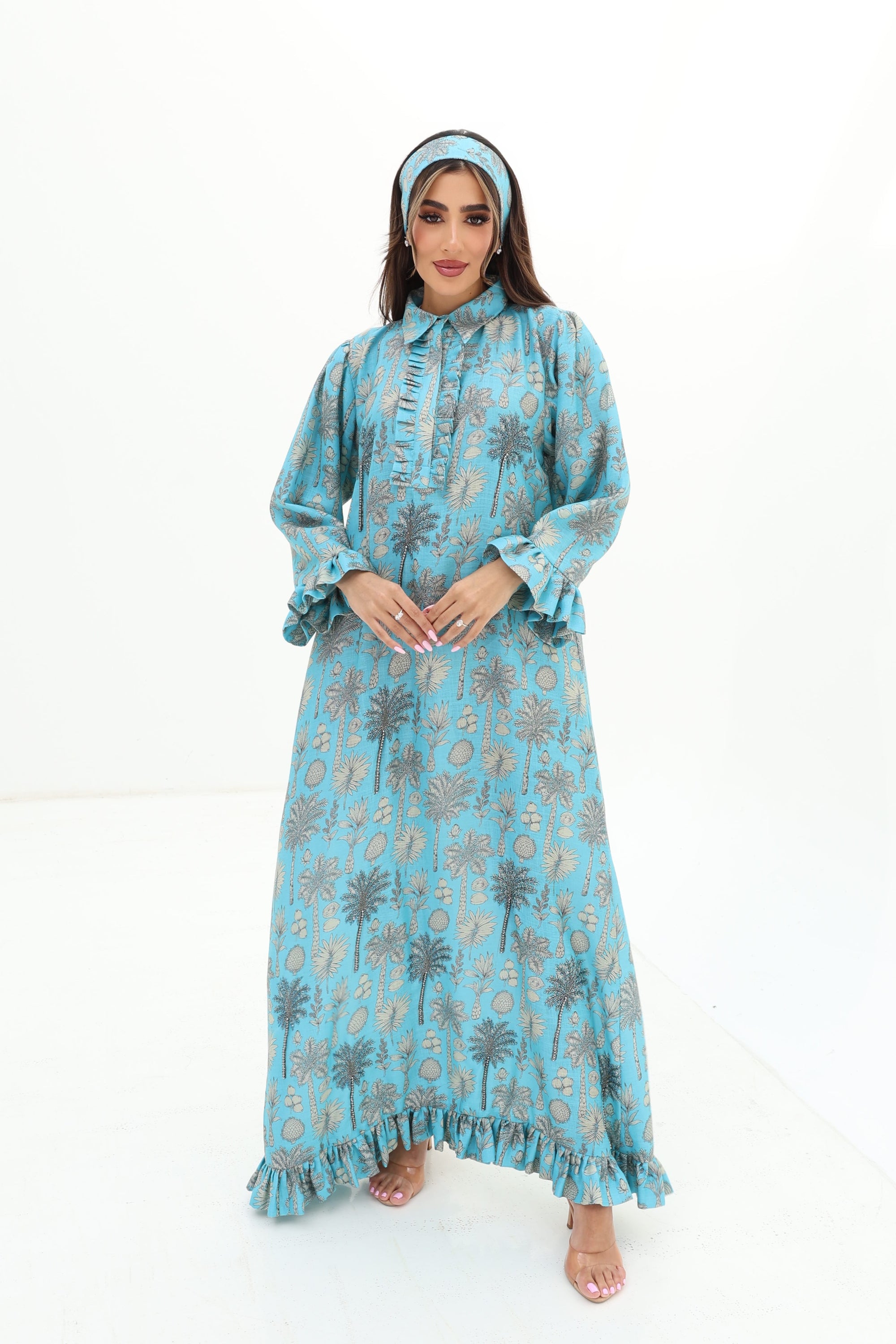 Tropical Palm Ruffle Linen Blend Jalabiya with hand embellishment full length view
