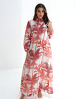 Coral Palm Tropical Palm Sketch Linen Blend Jalabiya full length view