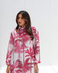 Pink Palm Tropical Palm Sketch Linen Blend Jalabiya collar detail
