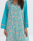 Turquoise Floral Paisley Cotton Jalabiya - Collar Neckline Detail