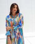 Pearl neckline detail on Vibrant Ikat Wave Linen Blend Jalabiya