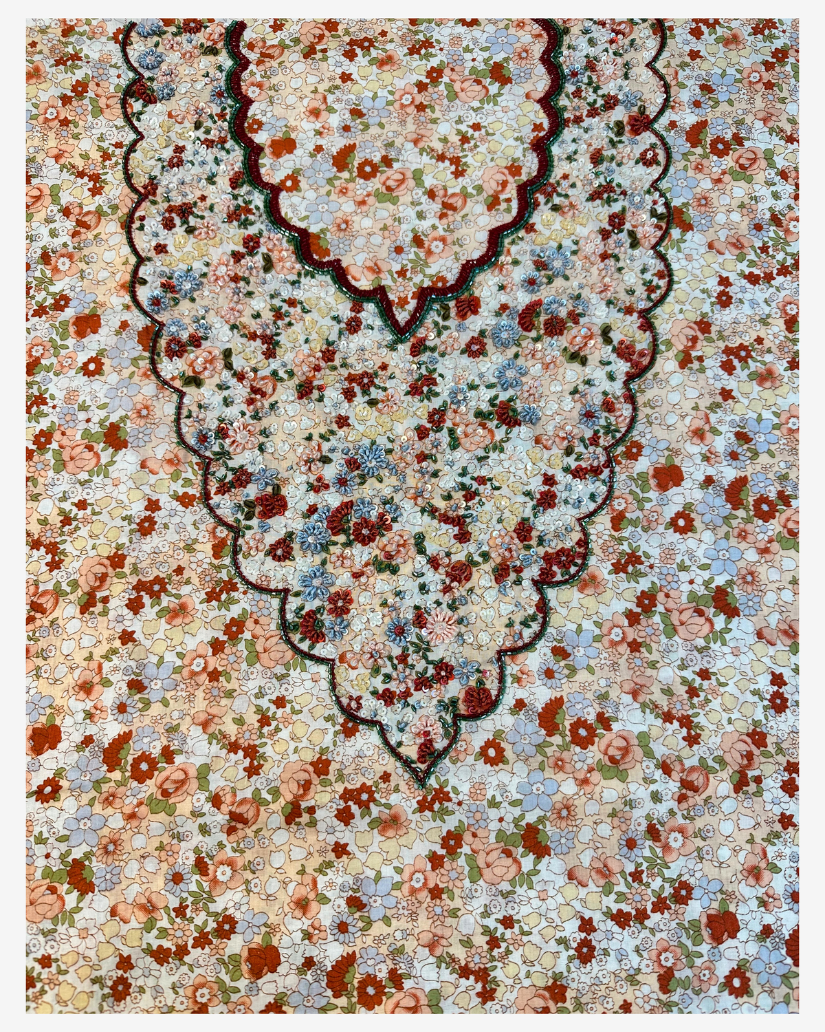 Complete front design of the Vintage Bloom Italian cotton mukhawar with colorful hand-beaded floral detailing.