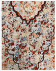 Close-up of the scalloped neckline with rust, blue, ivory and peach floral beadwork on the Vintage Bloom mukhawar.
